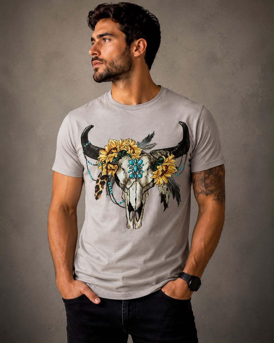 Men’s Western Bull Skull Graphic T Shirt